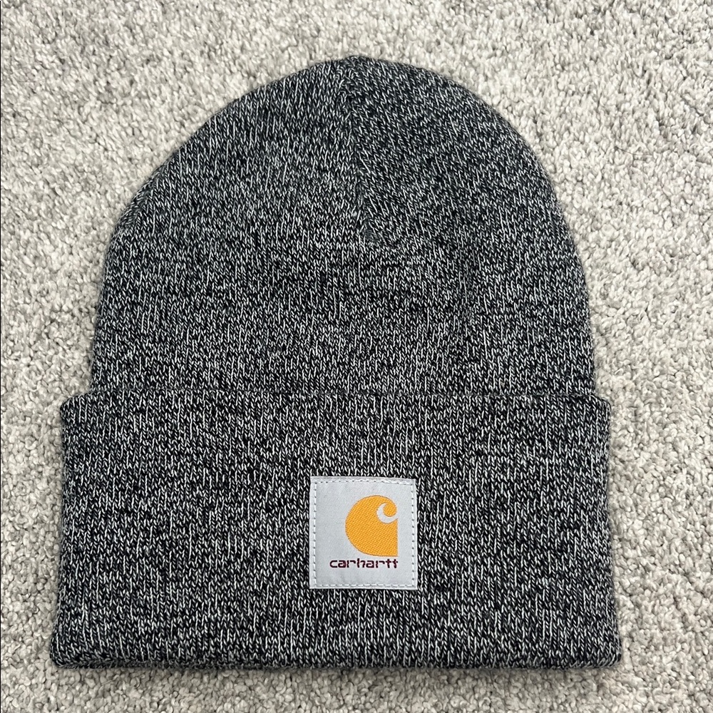 Carhartt Marled Black and White Cuffed Beanie with Yellow Patch